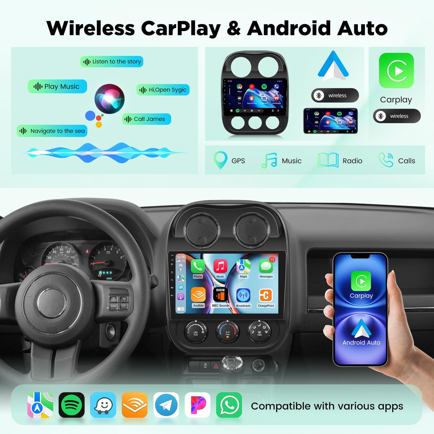 [4+64] Radio for Jeep Compass Patriot 2010 2011 2012 2013 2014 2015 2016, Volxcereo 10 inch Touch Screen Stereo with Carplay/Android Auto, GPS Navigation, Bluetooth, WiFi Hotpots, SWC, FM/RDS Radio