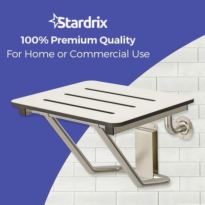 Stardrix 18" x 16" ADA Compliant Phenolic White Folding Shower Seat Bench, Wall Mount Foldable Bathroom Shower Chair with Stainless Steel Support, 400 lbs Capacity