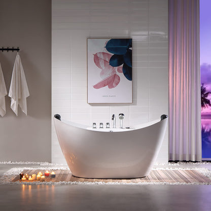 Empava 68 in. Acrylic Freestanding Tub Hydromassage Gracefully Oval Shaped Whirlpool 8 Water Jets Soaking SPA, Double-Ended Massage Bathtub with 2 Black Pillows , White
