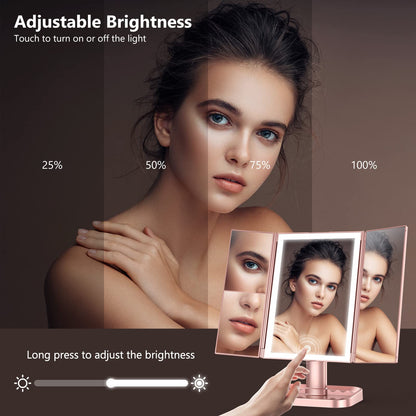 Wireless Rechargeable Lighted Makeup Mirror with 3 Color Lighting, 2000mAh Rechargeable Battery, 10x 3X 2X Magnification, 24 LED, 360 Degree Rotation, Gift for Woman (White)