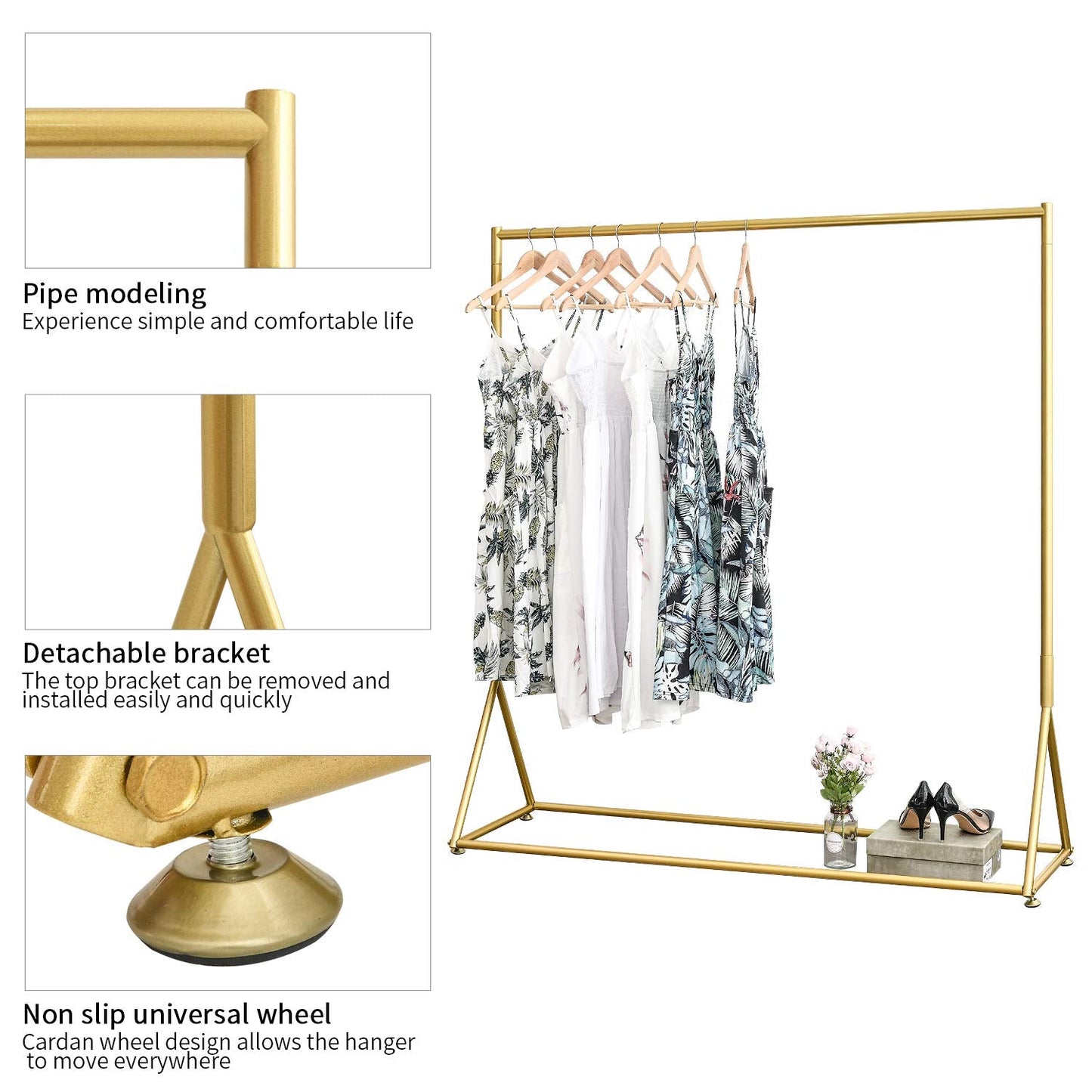 BOSURU Gold Pipe Clothing Racks Freestanding, Modern Metal Clothes Rack Heavy Duty, Easy Assemble Clothing Rack for Hanging Boutiques and Bedroom 59" L