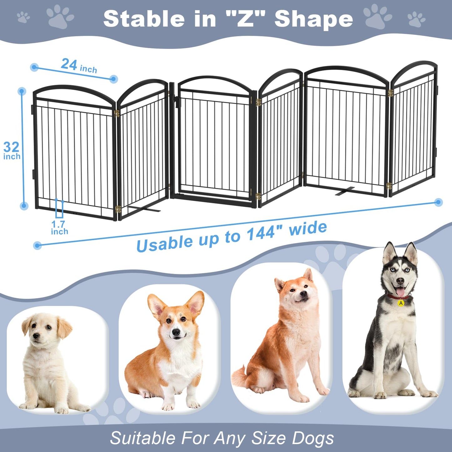 Full Metal Free Standing Dog Gate with Door for Indoor Barriers,144'' Extra Wide 32'' Tall Dog Gate for Doorways,Large Openings,Decks,Freestanding Portable Pet Fence(6 Panels,Black)