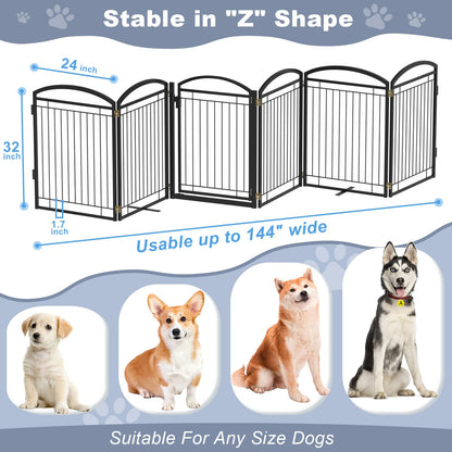 Full Metal Free Standing Dog Gate with Door for Indoor Barriers,144'' Extra Wide 32'' Tall Dog Gate for Doorways,Large Openings,Decks,Freestanding Portable Pet Fence(6 Panels,Black)