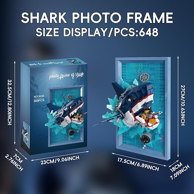 Shark Photo Frame Building Blocks Set 3D Wall Decor Bricks Kit Unique Home Wall Decor or Table DisplayIdeal Gift Toy for Adults &amp Teens.