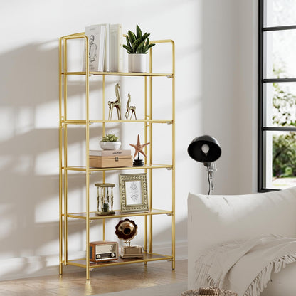 Crofy Folding Bookshelf for Living Room, 5 Tier Gold Collapsible Book Shelf for Home Office, Portable Bookcase Storage Organizer