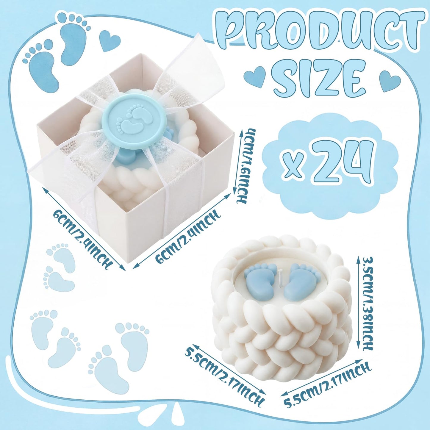 MTLEE 24 Pcs Baby Shower Candle Party Favors for Guests Blue Footprints Scented Candles with Bow Gift Box Ribbon Cute Feet Shaped Return Gifts Keepsakes for Baby Shower Gender Reveal Party Supplies