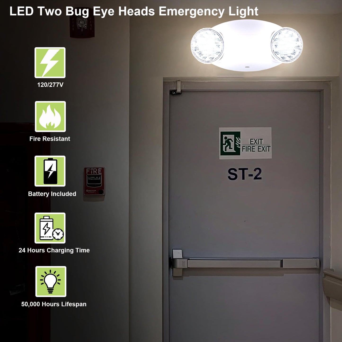 LIT-PaTH LED Emergency Lighting Fixtures with 2 LED Bug Eye Heads and Back Up Batteries- US Standard Exit Light, UL 924 and CEC Qualified, 120/277 Voltage, White, 6-Pack