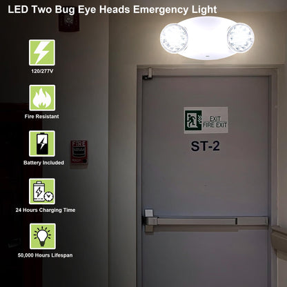 LIT-PaTH LED Emergency Lighting Fixtures with 2 LED Bug Eye Heads and Back Up Batteries- US Standard Exit Light, UL 924 and CEC Qualified, 120/277 Voltage, White, 6-Pack