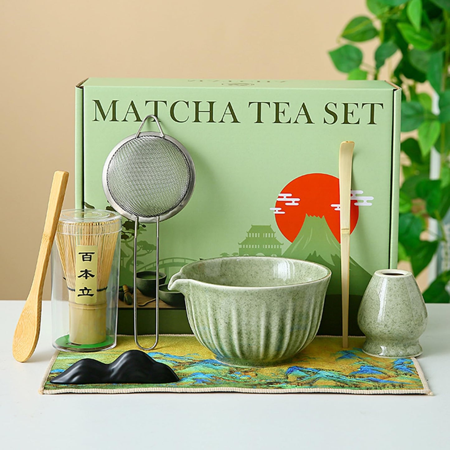 Matcha Whisk Set, 8 Pcs Matcha Kit Includes Matcha Bowl with Spout, Bamboo Whisk, Ceramic Holder, Bamboo Scoop x2, Scoop Rest, Stainless Sifter and Tea Towel, Gift for Matcha Lover