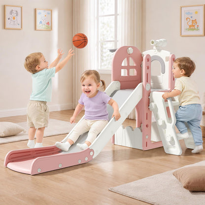 Babytronic Toddler Slide for Kids 1-3, 6-in-1 Toddler Slide Set with Basketball Hoop & Telescope, Indoor Outdoor Toddler Playset, Kids Climber Playset for Small Spaces, Indoor Playground, Pink