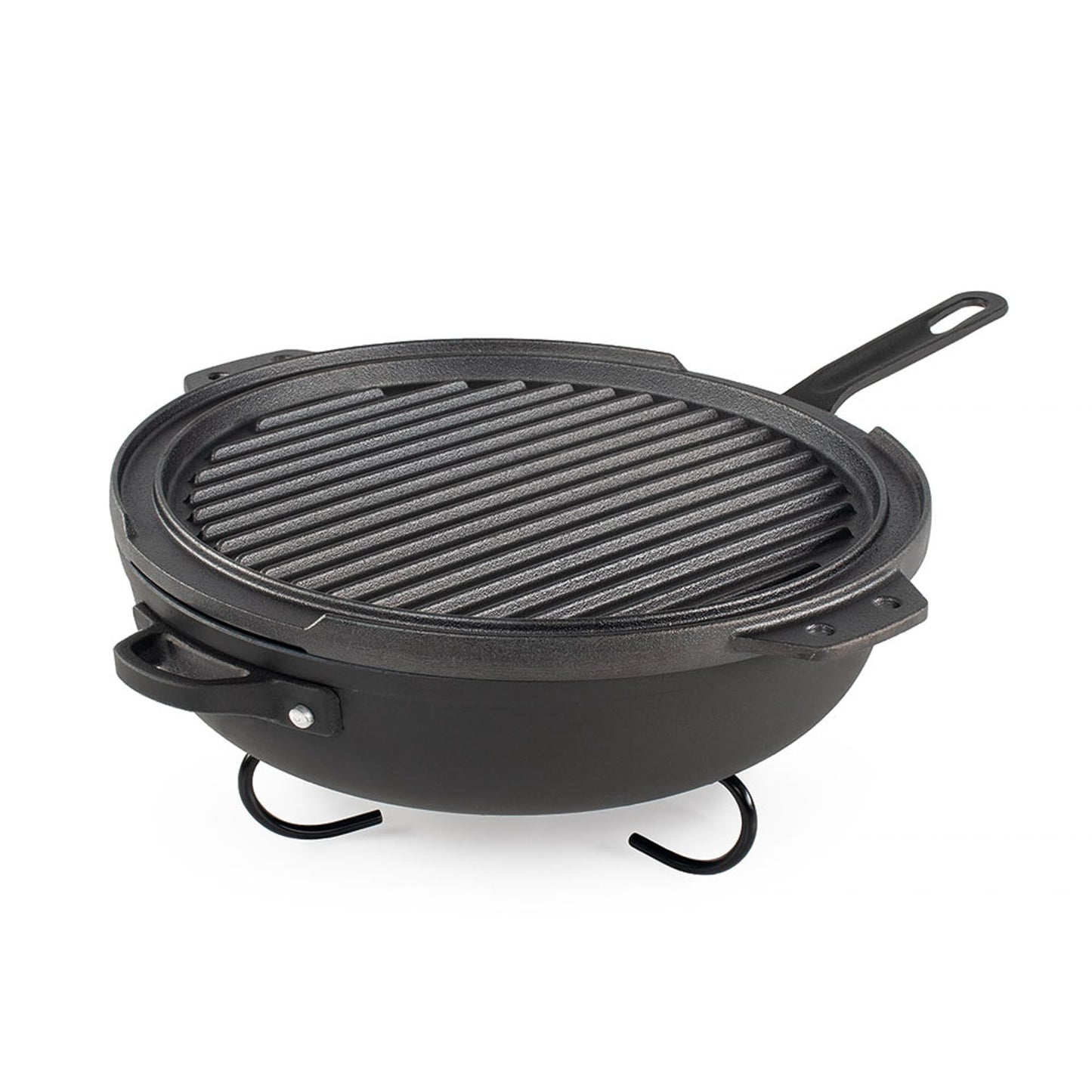 GSI Outdoors Guidecast Outdoor Cookset: 10" Deep Frypan with Dome Lid, Dual-Sided Cast Iron Griddle/Grill, Removable Handles