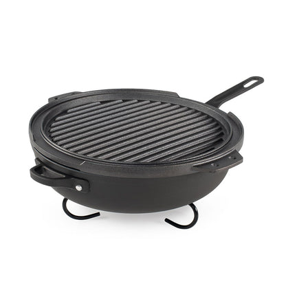 GSI Outdoors Guidecast Outdoor Cookset: 10" Deep Frypan with Dome Lid, Dual-Sided Cast Iron Griddle/Grill, Removable Handles