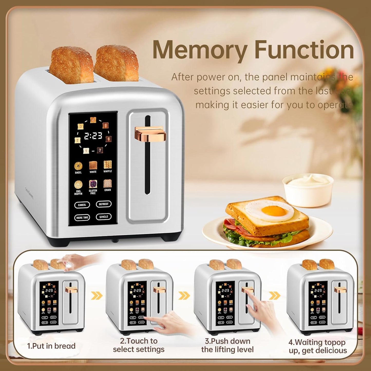 SEEDEEM 2-Slice Toaster - Touch Screen LCD Display, 50% Faster Heating, Stainless Steel, Silver Metallic
