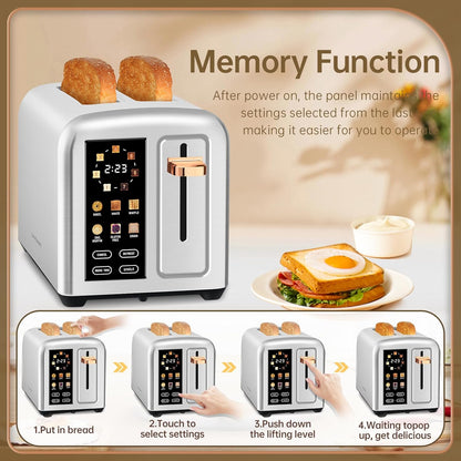SEEDEEM 2-Slice Toaster - Touch Screen LCD Display, 50% Faster Heating, Stainless Steel, Silver Metallic