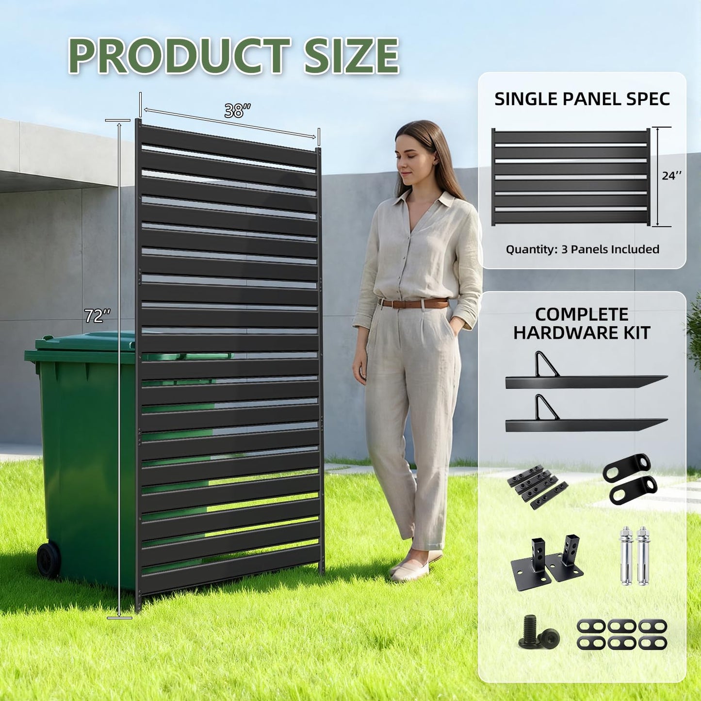 72" H×38" W（1 Panels） No Dig Metal Privacy Fence Panels for Air Conditioner Units, Can Also Hide The Pool Equipment, Black Outdoor Rustproof Trash Cans Privacy Screen