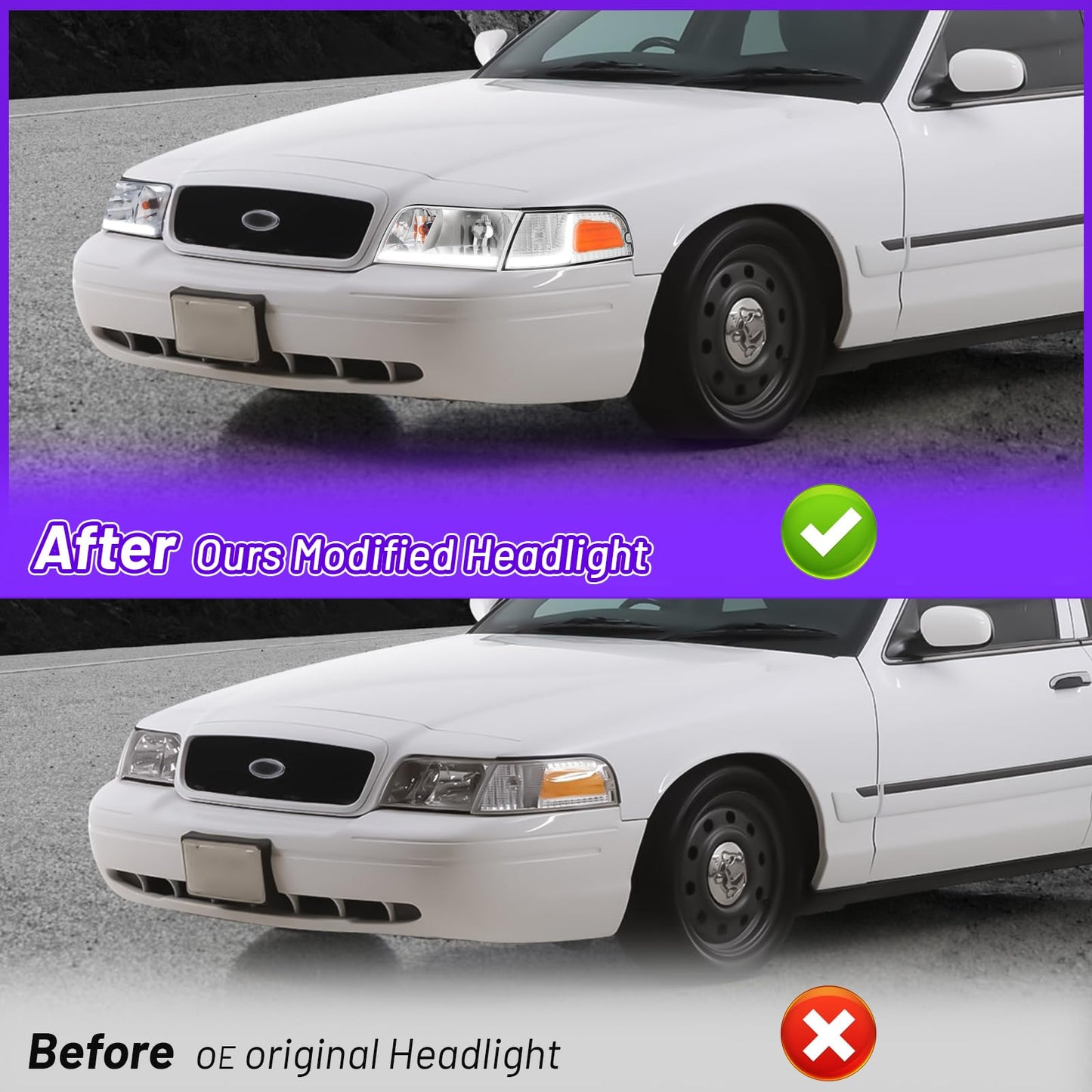 XGWZ Headlight Assembly LED DRL Compatible with 1998-2011 Ford Crown Victoria 98-11 Ford Crown Victoria w/Corner Headlamp (Chrome Housing Reflector, C)