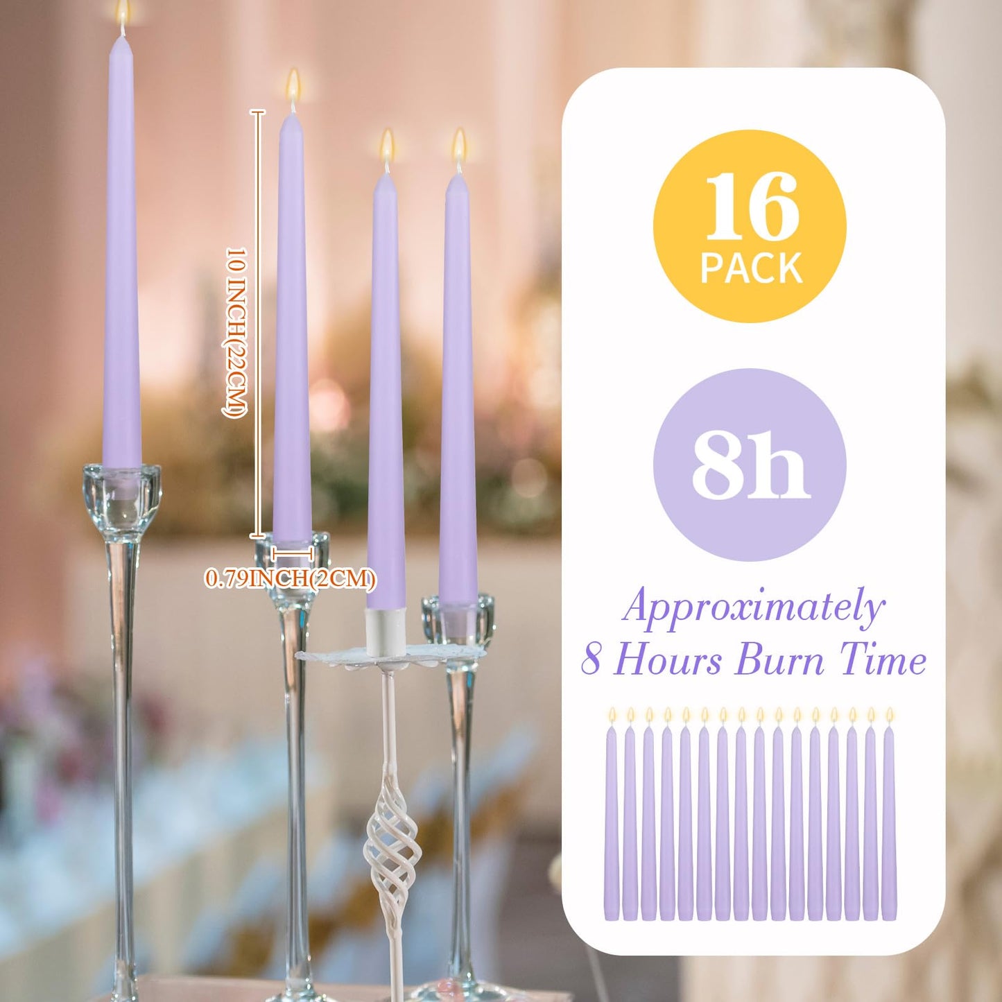 MTLEE 16 Pcs 10 Inch Long Tapered Candle Stick Bulk Smokeless Unscented Burning Candlestick Paraffin Wax with Cotton Wick for Valentine's Day Baby Shower Wedding Holiday Party Church(Light Purple)
