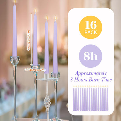MTLEE 16 Pcs 10 Inch Long Tapered Candle Stick Bulk Smokeless Unscented Burning Candlestick Paraffin Wax with Cotton Wick for Valentine's Day Baby Shower Wedding Holiday Party Church(Light Purple)