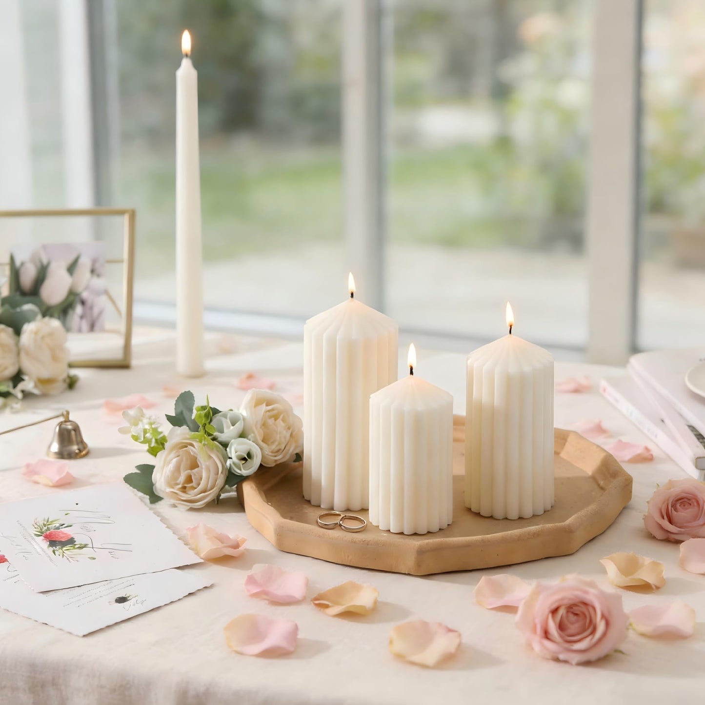 3 Pack White Ribbed Pillar Candles - Soy Wax Unscented, 2.76" x4.2/4.9/5.9 in Smokeless Non Toxic Cotton Wick, Aesthetic Modern Candles for Home Decor, Dinner Table, Living Room, Housewarming Gift