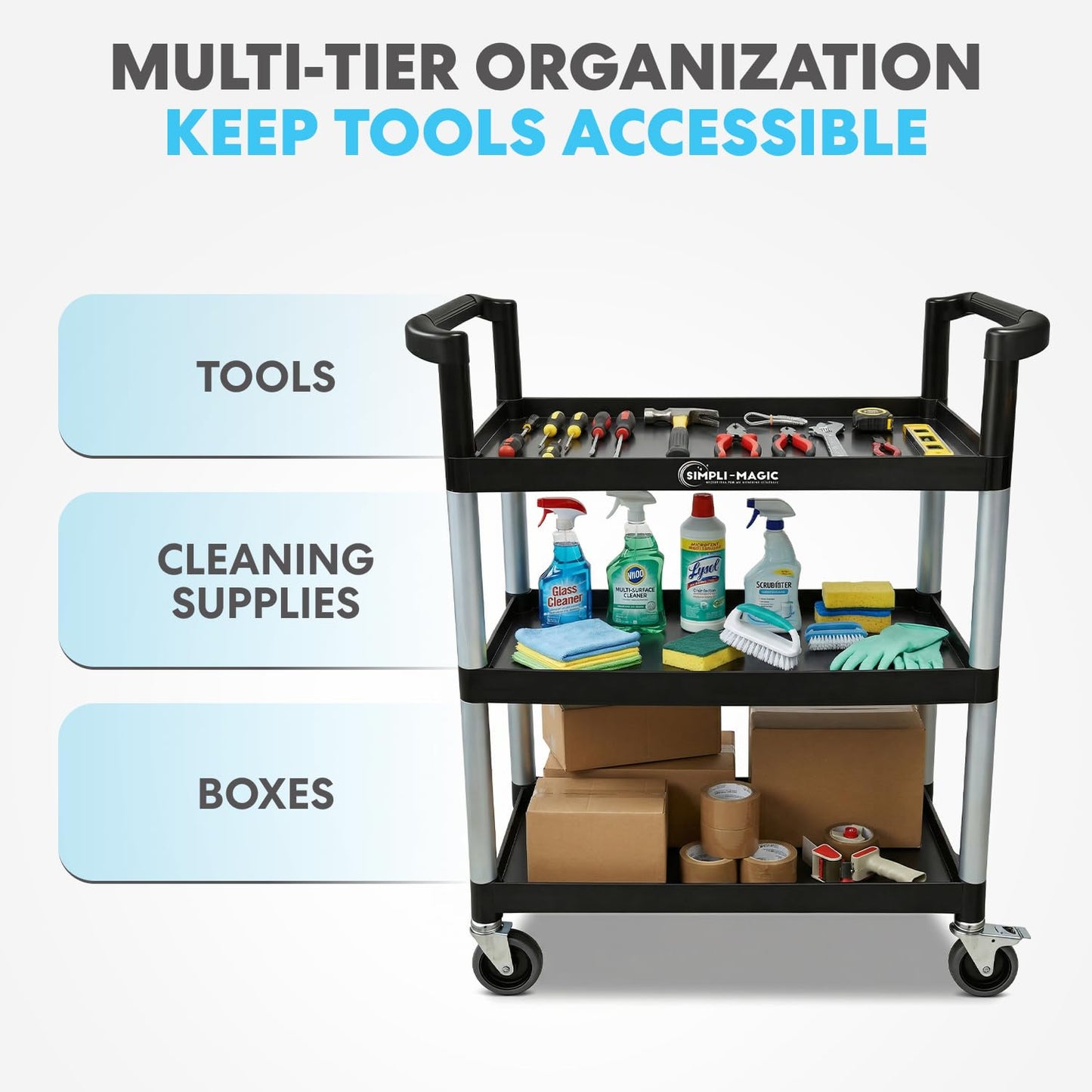 Simpli-Magic Rolling Utility Cart on Wheels, Heavy Duty Multi-Purpose Service Cart, Silver & Black, Garage, Warehouse & Commercial Use