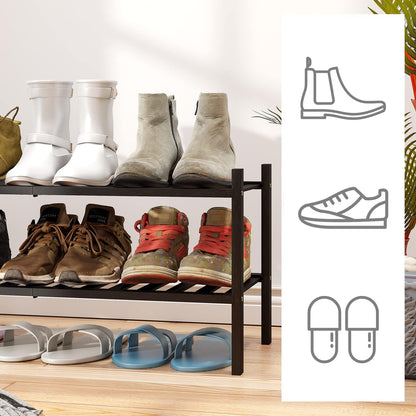 Viewcare 2-Tier Black Bamboo Shoe Rack - Stackable & Foldable Shoe Shelf Organizer for Entryway