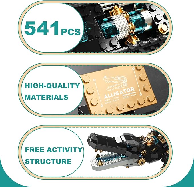 Mechanical Alligator Building Set 541 Pieces Steampunk Crocodile Model Kit with Golden Nameplate Articulated Swamp Beast Construction Toy Cyberpunk Bio-Animal Decor Gift for Adults Teens