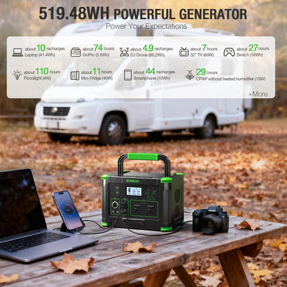 500W Portable Power Station, 519.48Wh Outdoor Solar Generator, 10-Port Powerhouse for RV/Van Camping Fishing Climbing Road Home Emergency