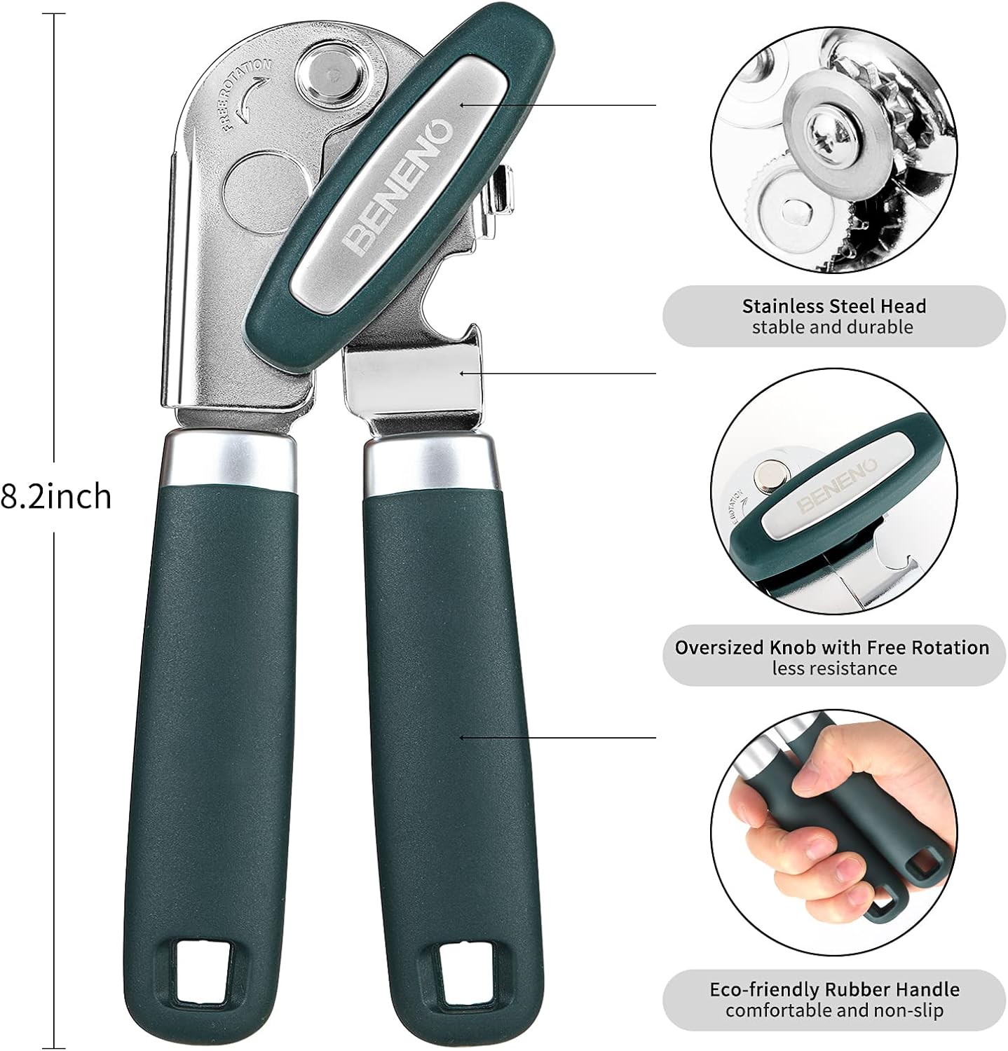 Beneno Heavy Duty Manual Can Opener - Durable Carbon Steel Blade, Effort-Saving Knob & Soft Grip Handle | Green