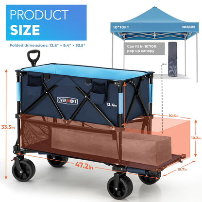 Overmont 400L Double Decker Wagon Cart, Heavy Duty 450lbs Folding Utility Wagon with 47" Extended Shelf, All-Terrain Collapsible Wagon for Camping, Sports Events, Tailgating & One-Trip Hauling