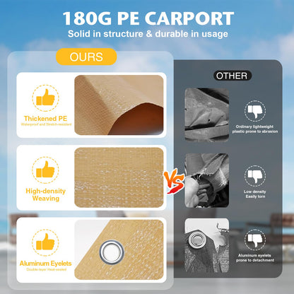 Carport Canopy Tent Sidewalls for 10x20x8.6FT Car Garage with Ball Bungees, Heavy Duty Portable Shelter Logic Replacement Covers (Frame is not Included) (Khaki)