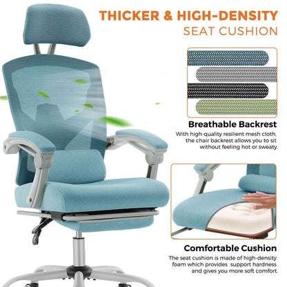 Ergonomic Office Computer Desk Chair with Lumbar Pillow and Retractable Footrest, High-Back Mesh Rolling Swivel Armchairs for Home, Gaming, Student, Blue
