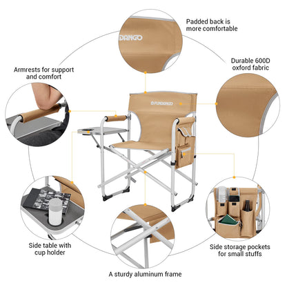 FUNDANGO Aluminium Camping Director Chair with Armrest, Portable Lightweight Folding Outdoor Camping Chair with Side Table & Umbrella Holder, Full Back Lawn Chair for Camping Fishing Picnic Stadium