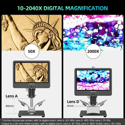 Andonstar AD249S-M Plus 10.1'' HDMI Soldering Digital Microscope for Electronics Repair, 2000x 3 Lens 2160P UHD Video Record, Soldering Microscope Station with Helping Hands, Slides, 32GB Card