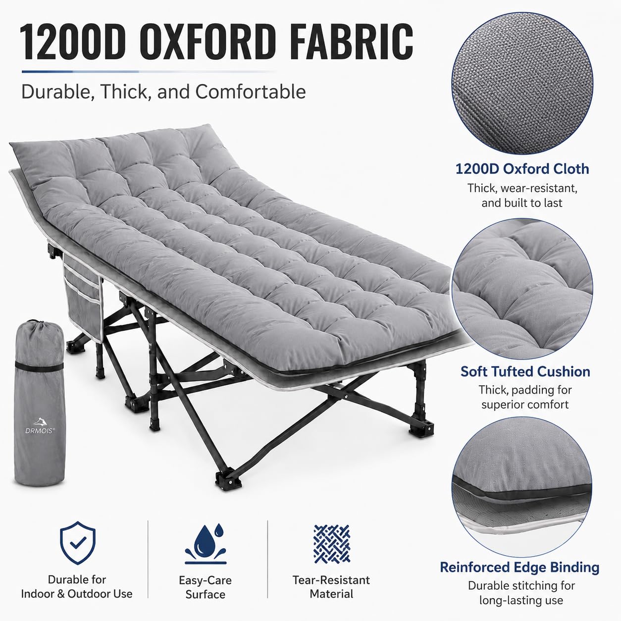 DRMOIS Camping cots, Oversized 32inch Width Portable Foldable Outdoor Bed for Adults Kids, Cot for Traveling Gear Supplier, Office Nap,Support 900 lbs-with Sleeping Pad Mattress-Grey, XXL Size
