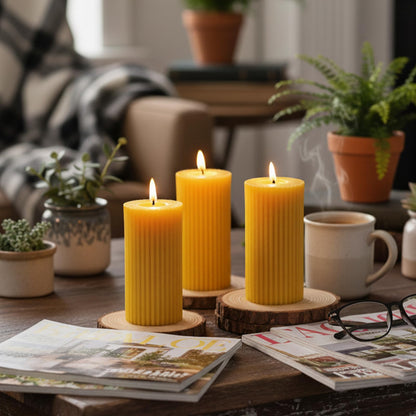 3 Pack Pure Beeswax Pillar Candles Bulk, Organic Ribbed Bees Wax Decorative Candles for Home Decor-1.96x3.85 Inch, Unscented Long Burning Natural Bees Wax Pillar Bulk Aesthetic Candles-105 Hours