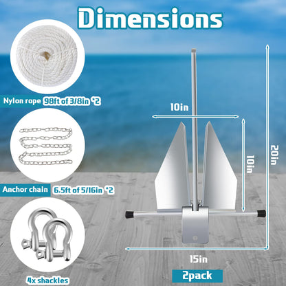 Lounsweer 2 Sets Boat Anchor Kit Portable Galvanized Fluke Anchor with Anchor Chain, Anchor Rope and Shackles for Different Size Boats Pontoon, Deck, Fishing, and Sail Equipments (Silver,25ft Boats)