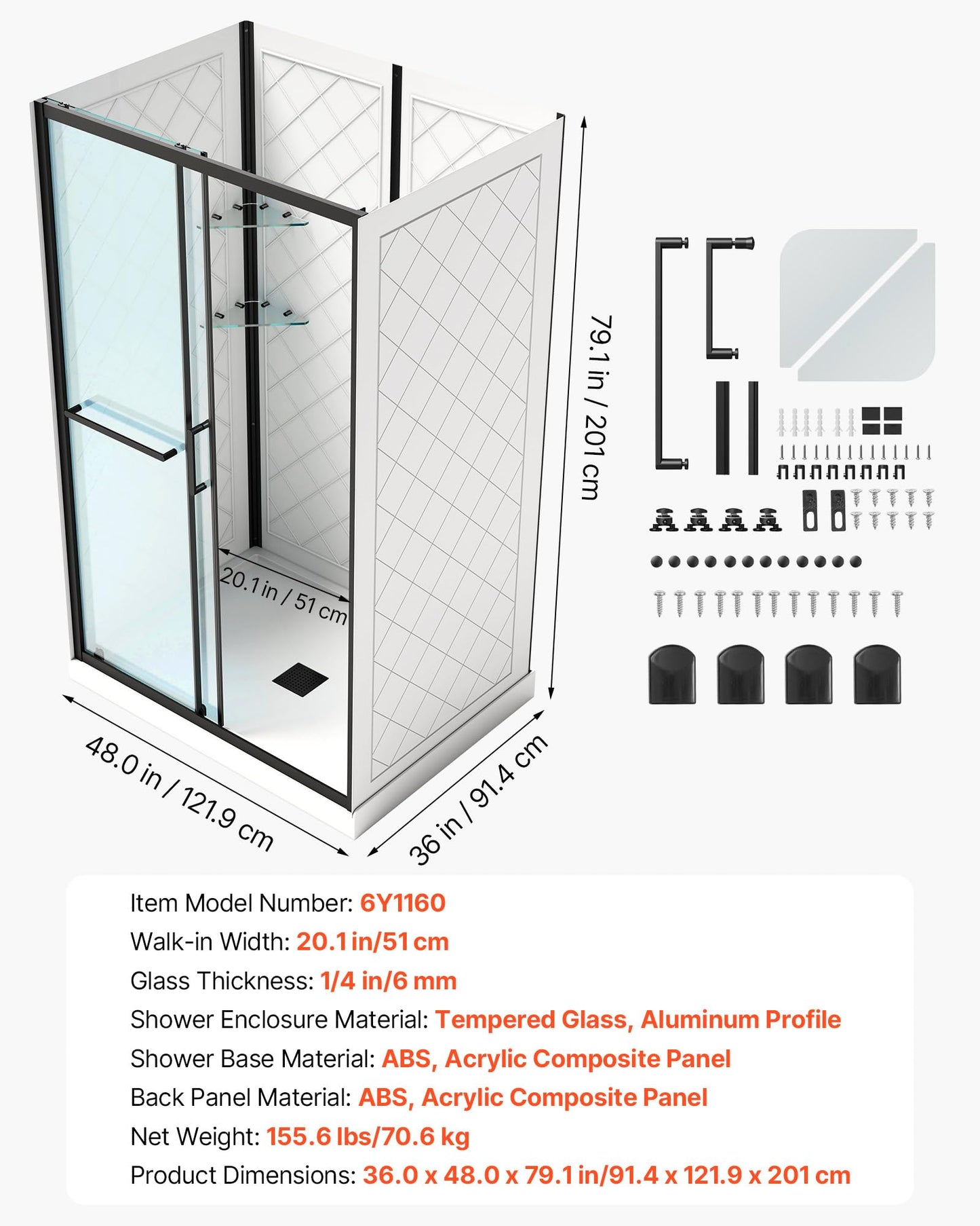VEVOR Shower Enclosure, 36 in. D x 48 in. W x 79.1 in. H, Framed Sliding Shower Door with 1/4 in. Clear Tempered Glass, Complete Bathroom Alcove Stall with Non-Slip Base Kit & Triple-Sided Wall Panels
