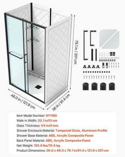 VEVOR Shower Enclosure, 36 in. D x 48 in. W x 79.1 in. H, Framed Sliding Shower Door with 1/4 in. Clear Tempered Glass, Complete Bathroom Alcove Stall with Non-Slip Base Kit & Triple-Sided Wall Panels