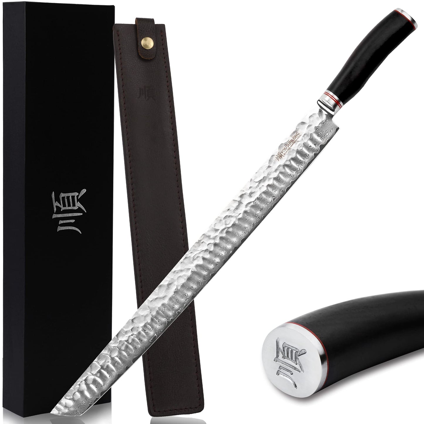 YOUSUNLONG Sakimaru Knife 15 inch(380mm) Ultimate Japanese Damascus Steel Fillet Knives Suitable for cutting tuna and salmon-Natural Ebony Handle With Leather Sheath