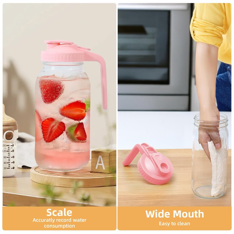 AsstarJTK Glass Mason Jar Pitcher - 64 oz/2 Quart Wide Mouth Jug with Lid and Pour Spout, Airtight Seal, Leak Proof Iced Tea Pitcher for Sun Tea, Juice, Breast Milk, Cold Beverages, Coffe