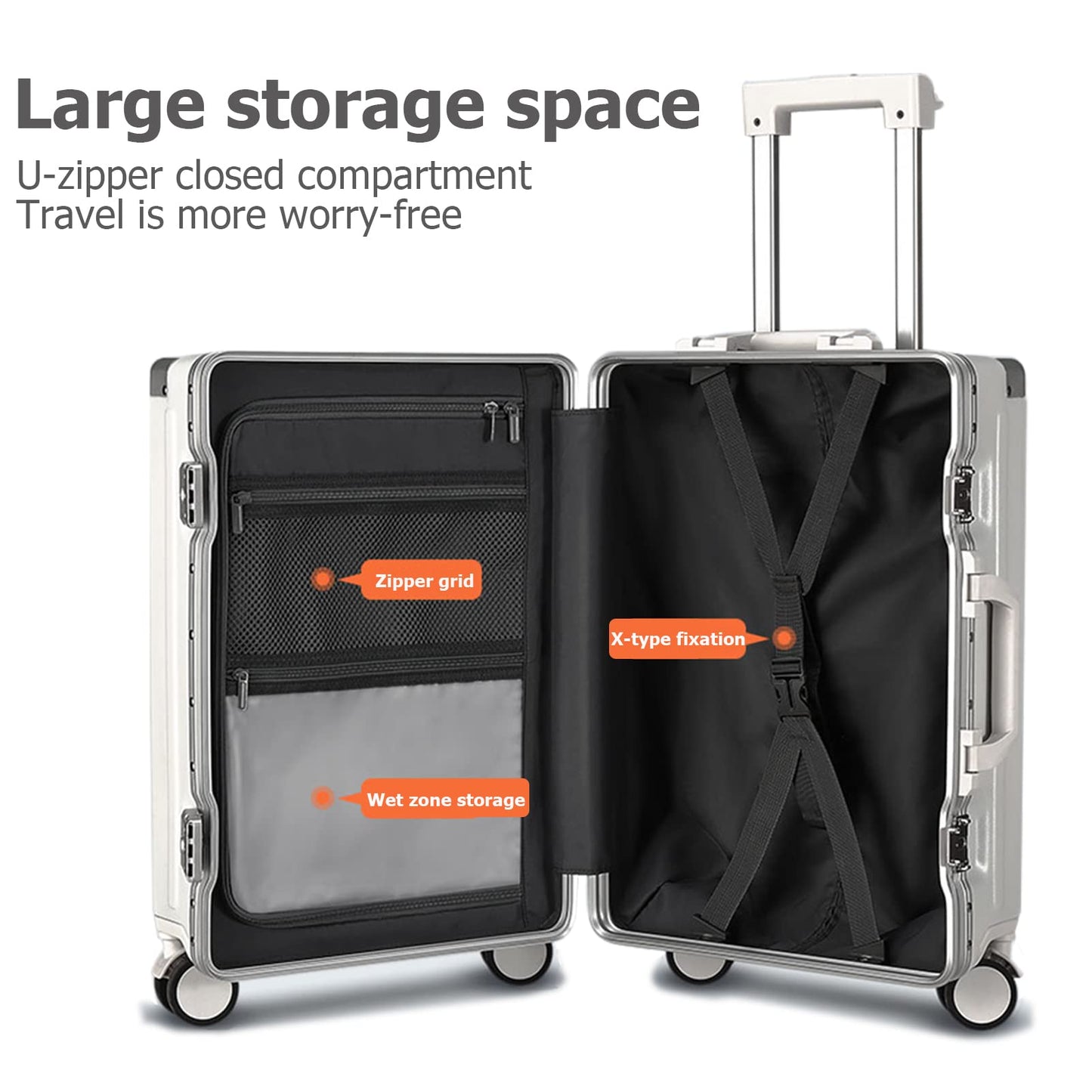 feilario Aluminium Frame PC Hard Shell Spinner Wheels Luggage,20.8"X15"X8.7 Airline Approved Built-In TSA lock Carry on Suitcase, with Cup Holder, USB Port, Phone Holder
