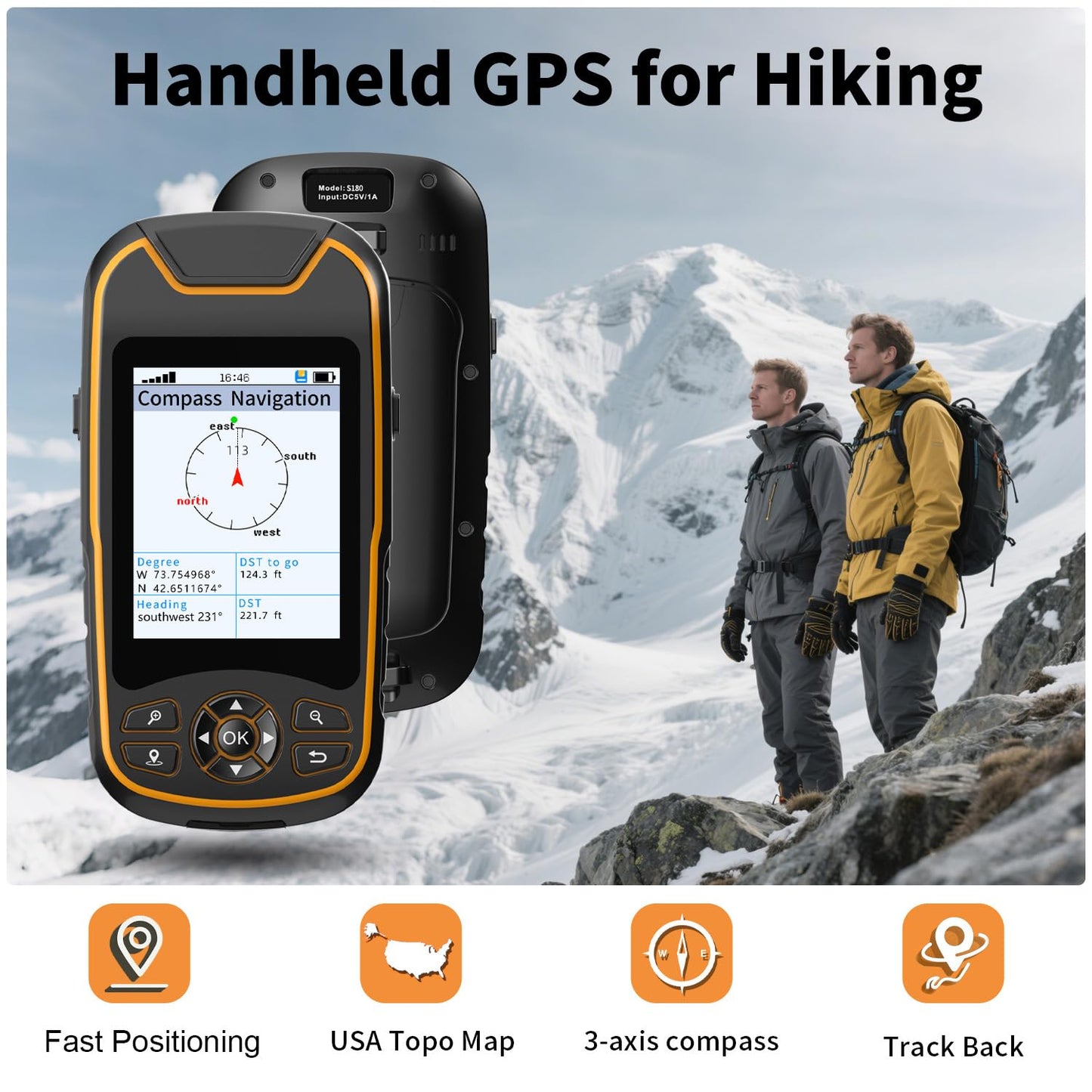 Handheld GPS for Hiking, Rugged and Waterproof Handheld GPS Navigator, 3.2" Sunlight Readable Screen, Compact Satellite Handheld GPS with USA Topo Map, Multi-GNSS Support, Extra Battery Life