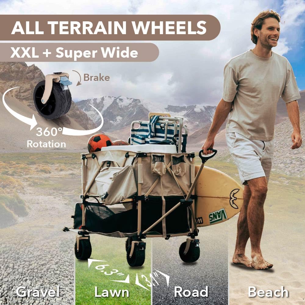 Camphor Designs 400L Collapsible Folding Double Decker Beach Wagon |Heavy Duty Utility Cart Extender|Supports 450lbs|All-Terrain Big Wheels with Breaks for Sports Camping (Grey/Grey)
