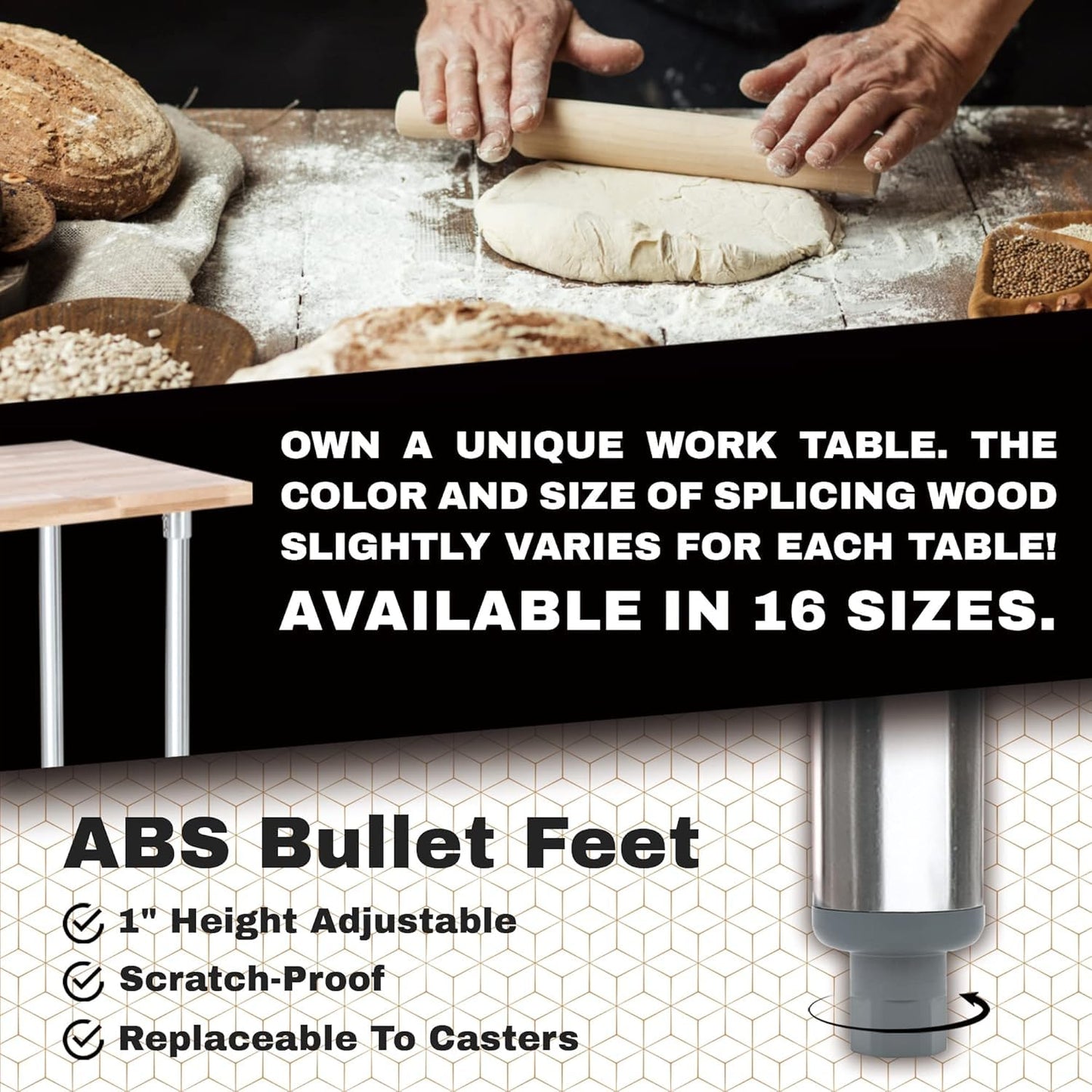DuraSteel Butcher Block Counter Top - 24 x 48 x 34" Height with 4 Caster Wheels (2 Adjustable) - Kitchen, Side, Coffee, or Dining Table - Optional Base Leg Units, Natural Maple Slab Work Bench Top