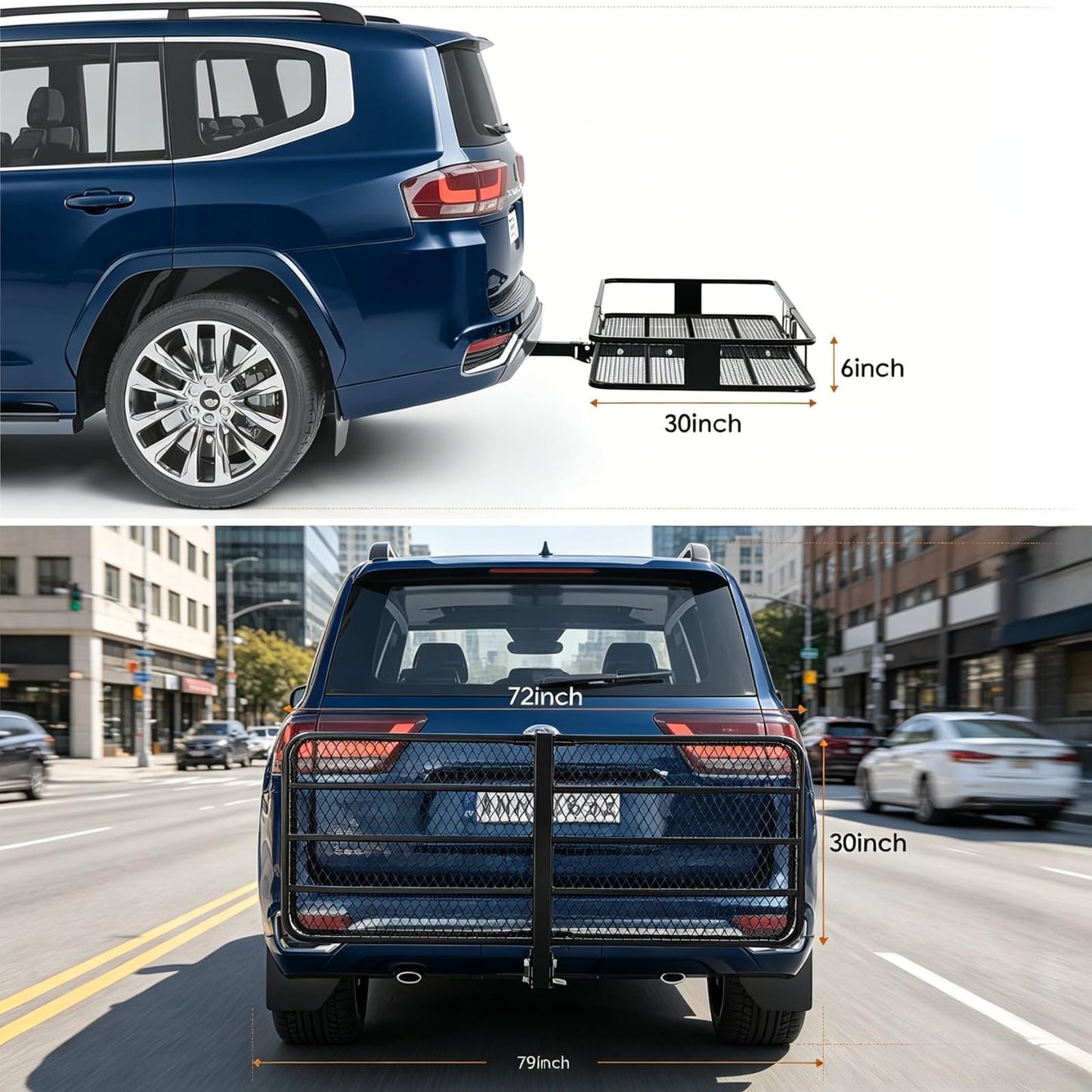 72" x 30" Fold-Up Hitch Cargo Carrier with Hitch Lock and Reflective Safety Panels – 600 Lbs Capacity Hitch Mount Cargo Carrier Fits 2" Receiver for SUVs, Trucks & Off-Road Vehicles