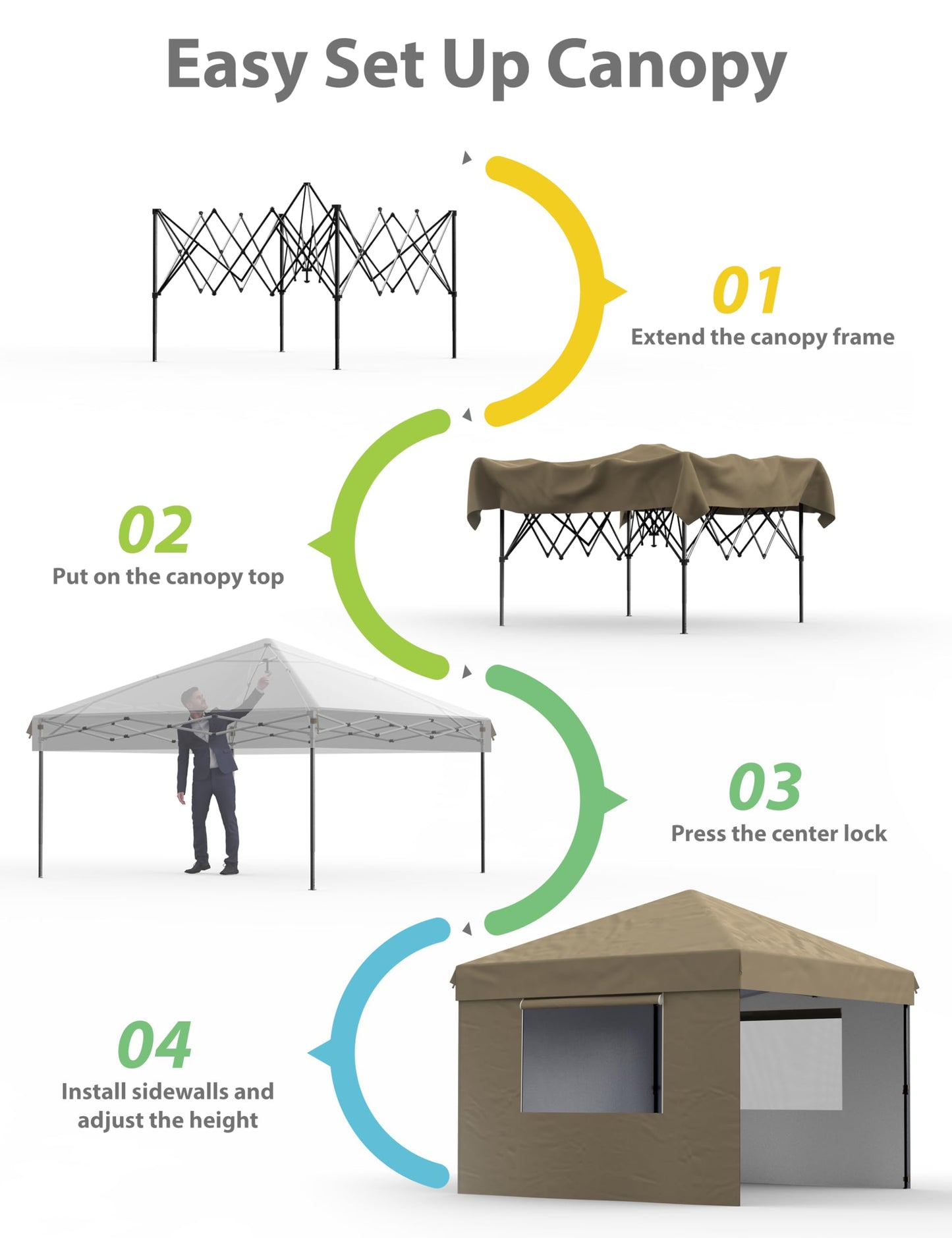 10x10 Pop Up Canopy with 3 Sidewalls - Outdoor Canopy Tent with Portable Roller Bag - One Button Push Setup, 3 Adjustable Height, 4 Weight Bags, 8 Stakes & 4 Guy Ropes Included, Khaki