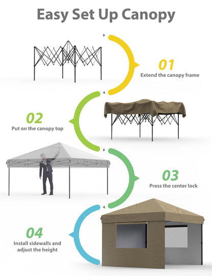 10x10 Pop Up Canopy with 3 Sidewalls - Outdoor Canopy Tent with Portable Roller Bag - One Button Push Setup, 3 Adjustable Height, 4 Weight Bags, 8 Stakes & 4 Guy Ropes Included, Khaki