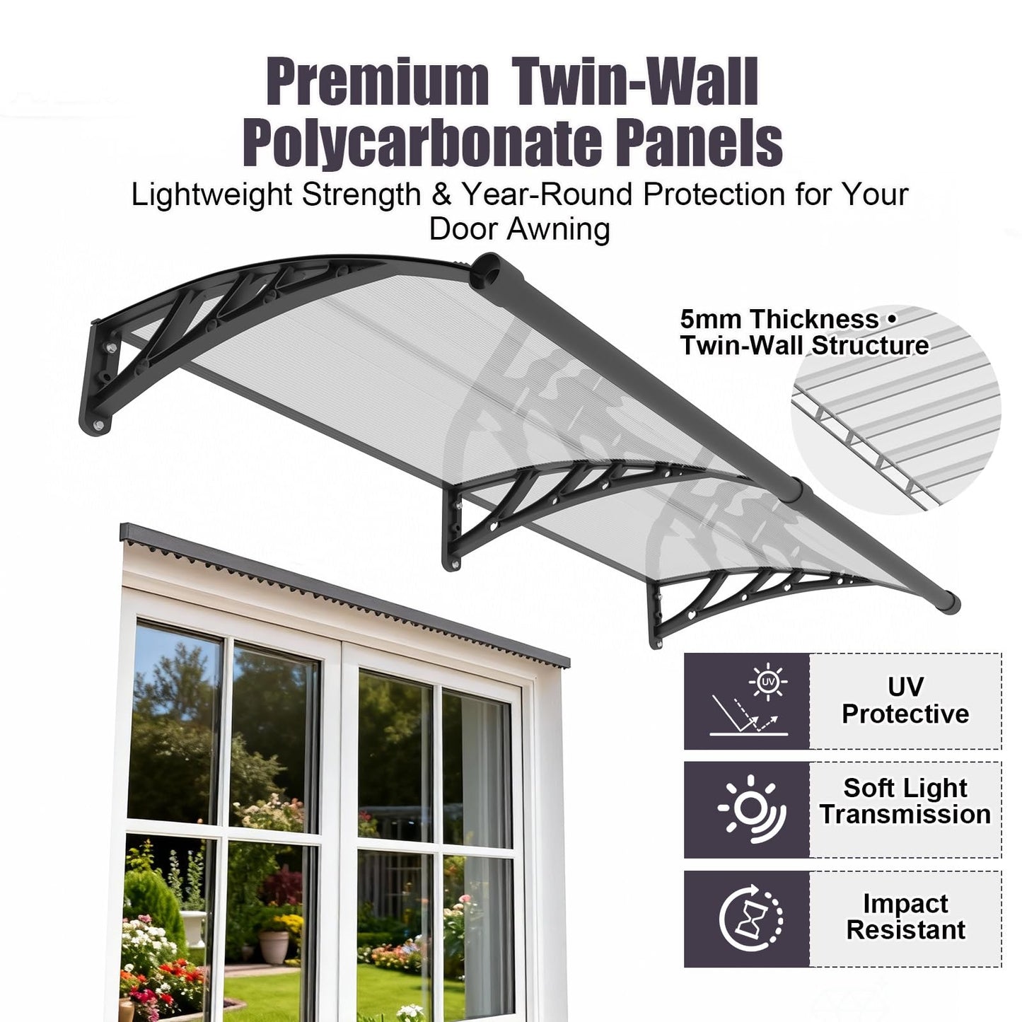 JYJNHOME Window and Door Awning Exterior,40x60 Inch Polycarbonate Spliced Outdoor Overhang Canopy with Drainage,UV/Rain/Snow/Sunlight Protection,Awnings for Outside,Patio,Porch,Deck,House Entrance
