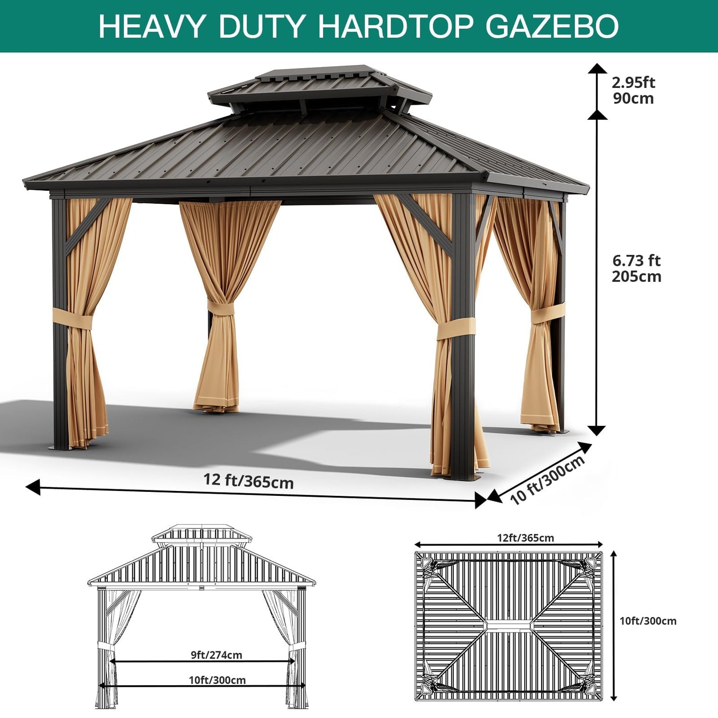 10' x 10' Permanent Hardtop Gazebo with Curtains & Netting – Outdoor Patio Gazebo with Aluminum Frame & Double Metal Roof for Backyard, Lawn, Deck, or Garden (Brown)