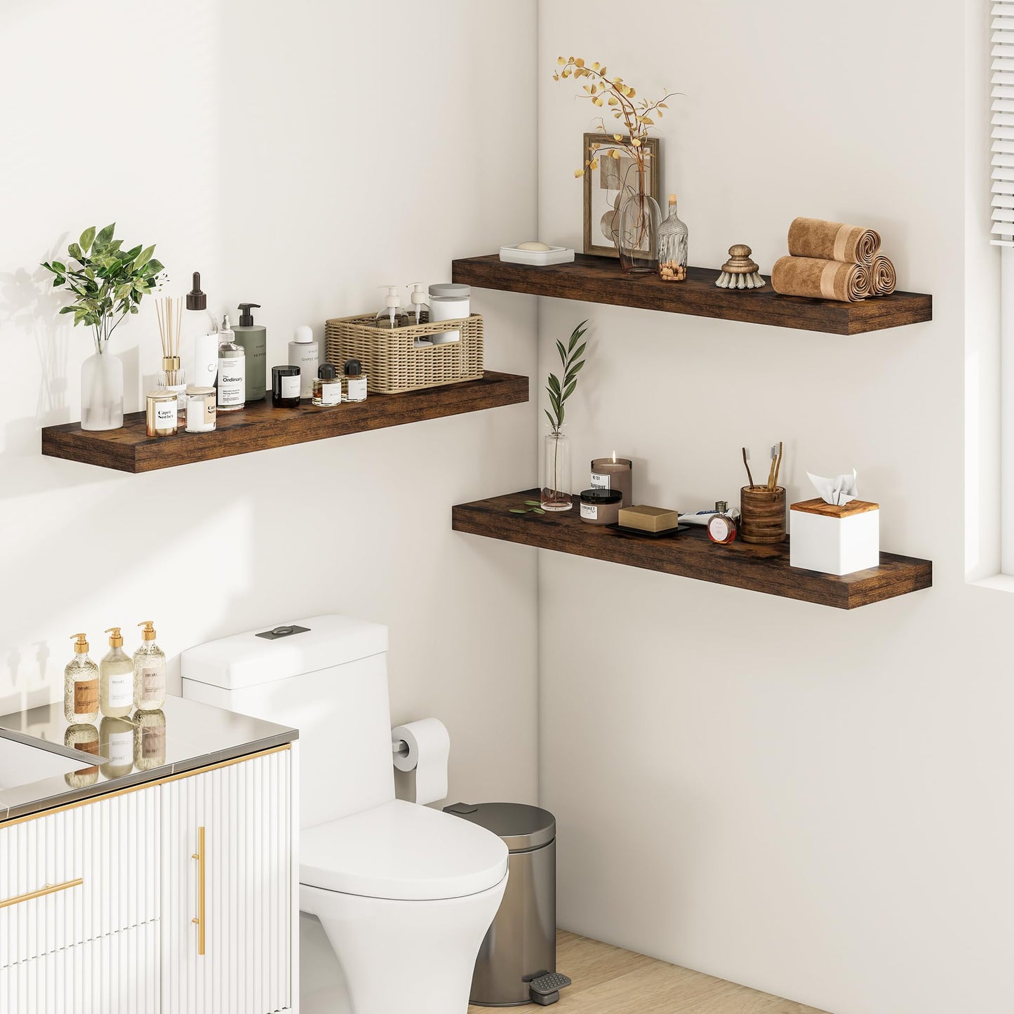 Vivelove 12" Deep Floating Shelves for Wall 36" Long, Wall Shelves for Bedroom Living Room Bathroom Kitchen Laundry Room, Farmhouse Rustic Shelves for Home Decor, 36" X 12" X 2" Set Of 2, Rustic Brown